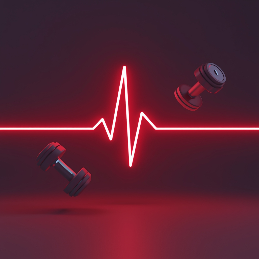 Abstract 3D rendering of a glowing heart rate monitor line and dumbbells floating in a studio environment. (no woman image)